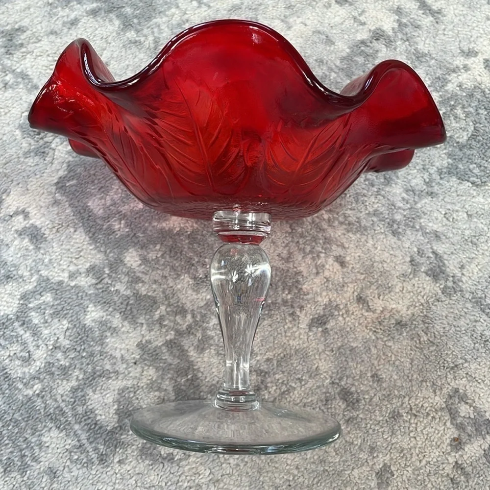 Red Leaf Imprint Ruffled Footed Glass Candy Dish Stand Clear